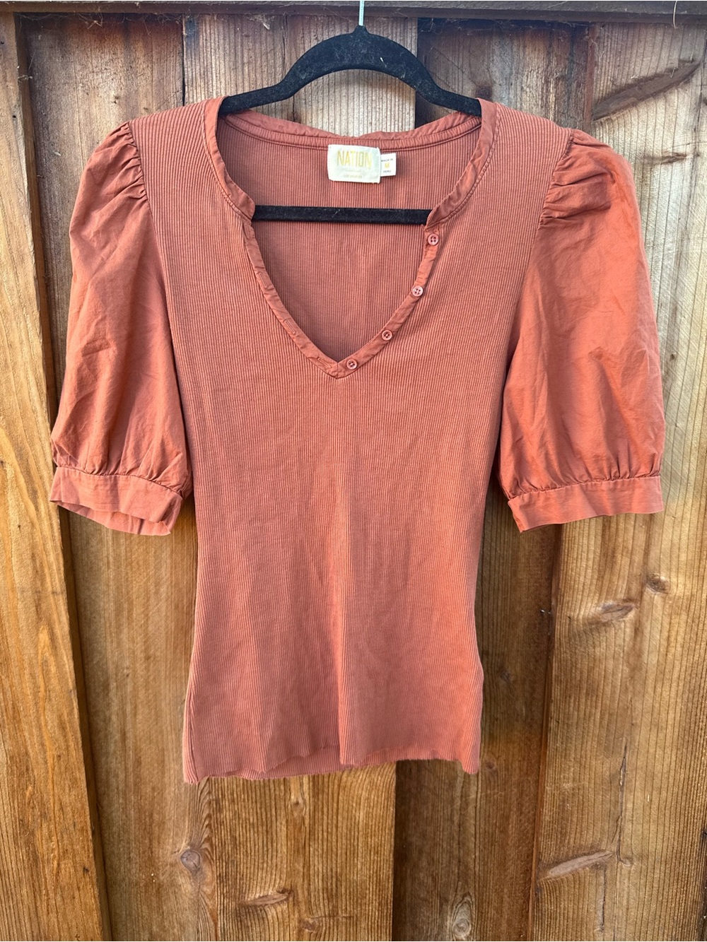 Nation LTD Terracotta Ribbed V-Neck Tee with Puff Sleeves